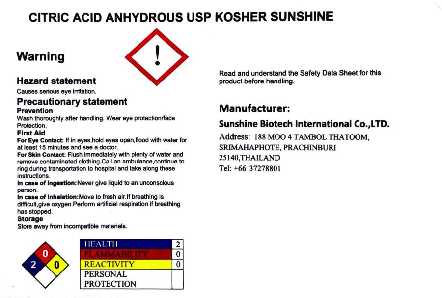 Citric Acid Anhydrous (Sunshine Biotech International)