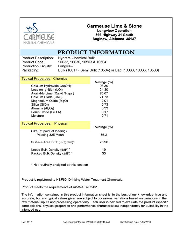 Hydrated Lime (Carmeuse Lime & Stone)
