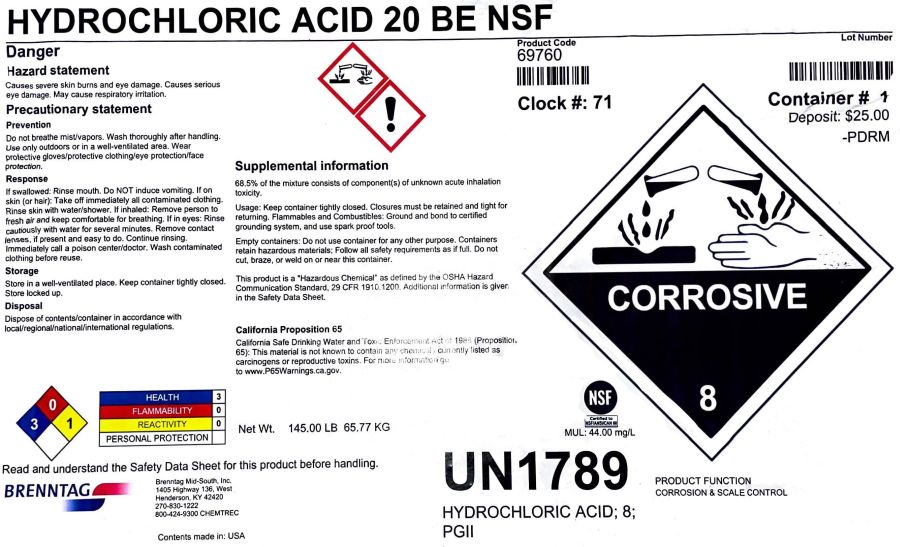 Hydrochloric Acid 20 BE (Muriatic Acid 31.5%) (Brenntag)
