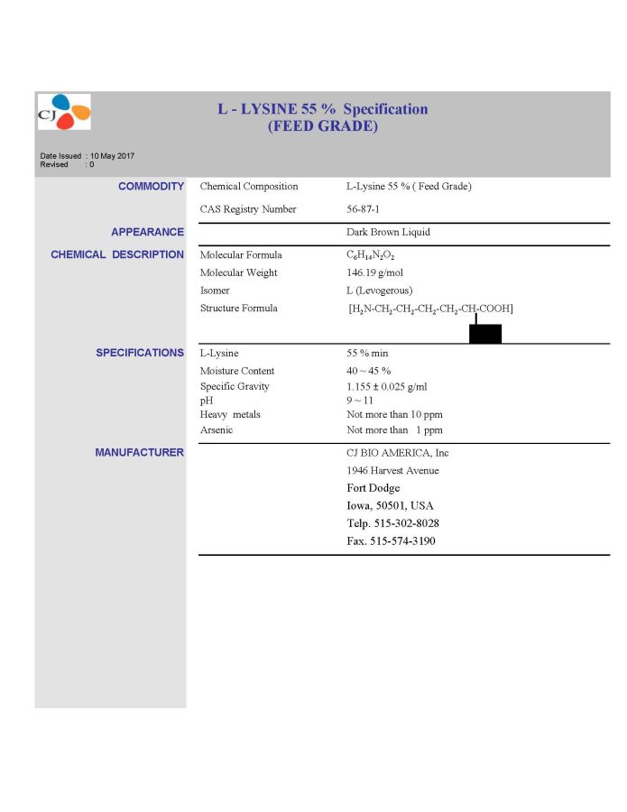 L-Lysine 55% (Feed Grade) (CJ Bio America) (PENDING & DROPSHIP)