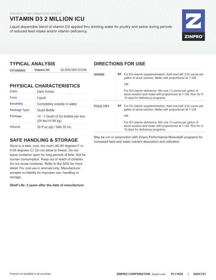 Vitamin D3 2 Million ICU (Zinpro)
